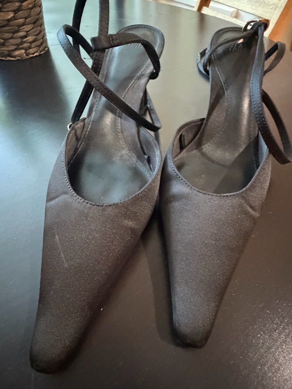 H&M Black Pointed-Toe Slingback Heels with Ankle Straps